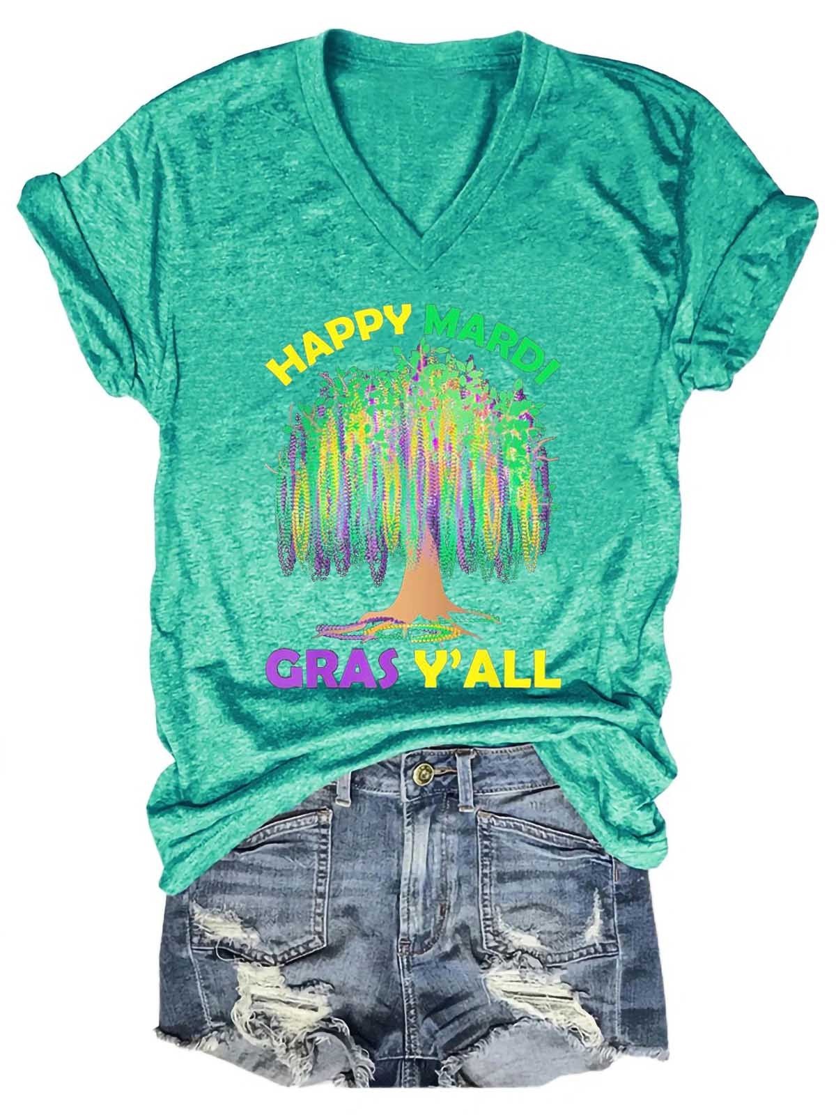 Women's Mardi Gras Tree Beads New Orleans Festival 2022 V-Neck T-Shirt - Outlets Forever