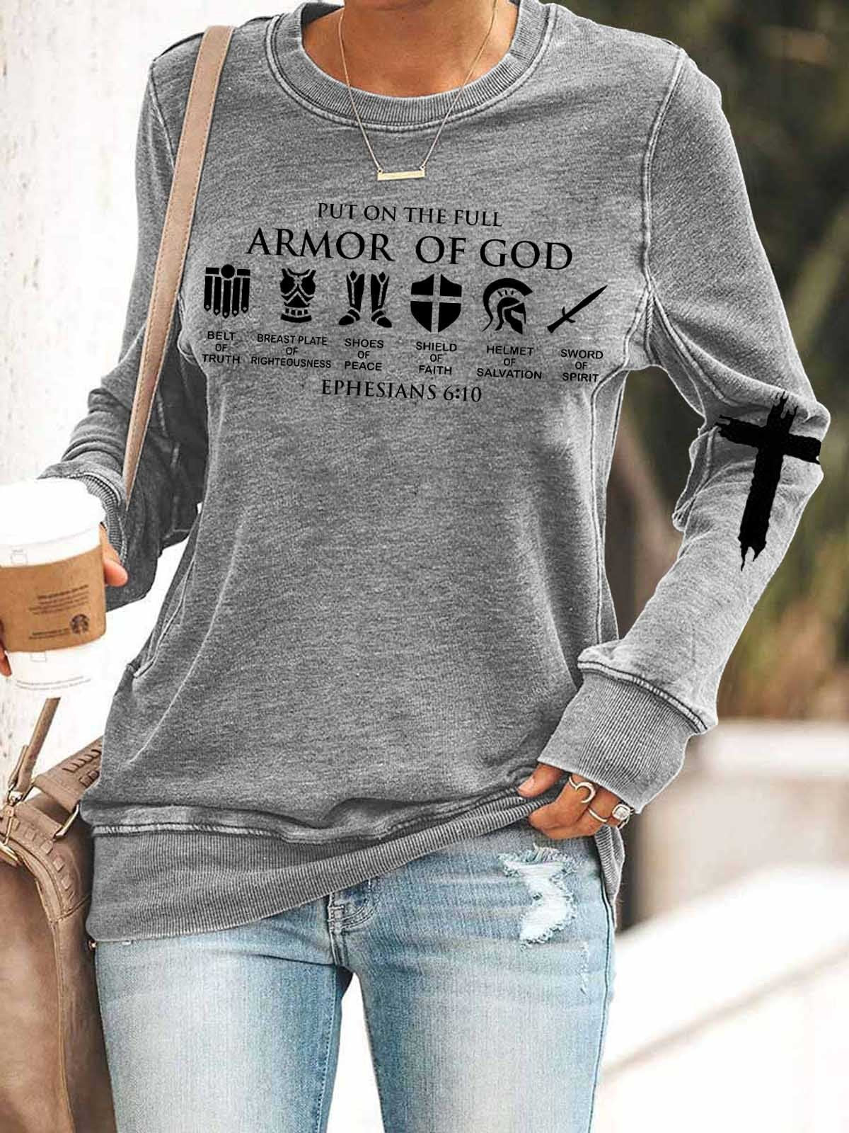 Women Put On The Full Armor Of God Print Long Sleeve Top - Outlets Forever