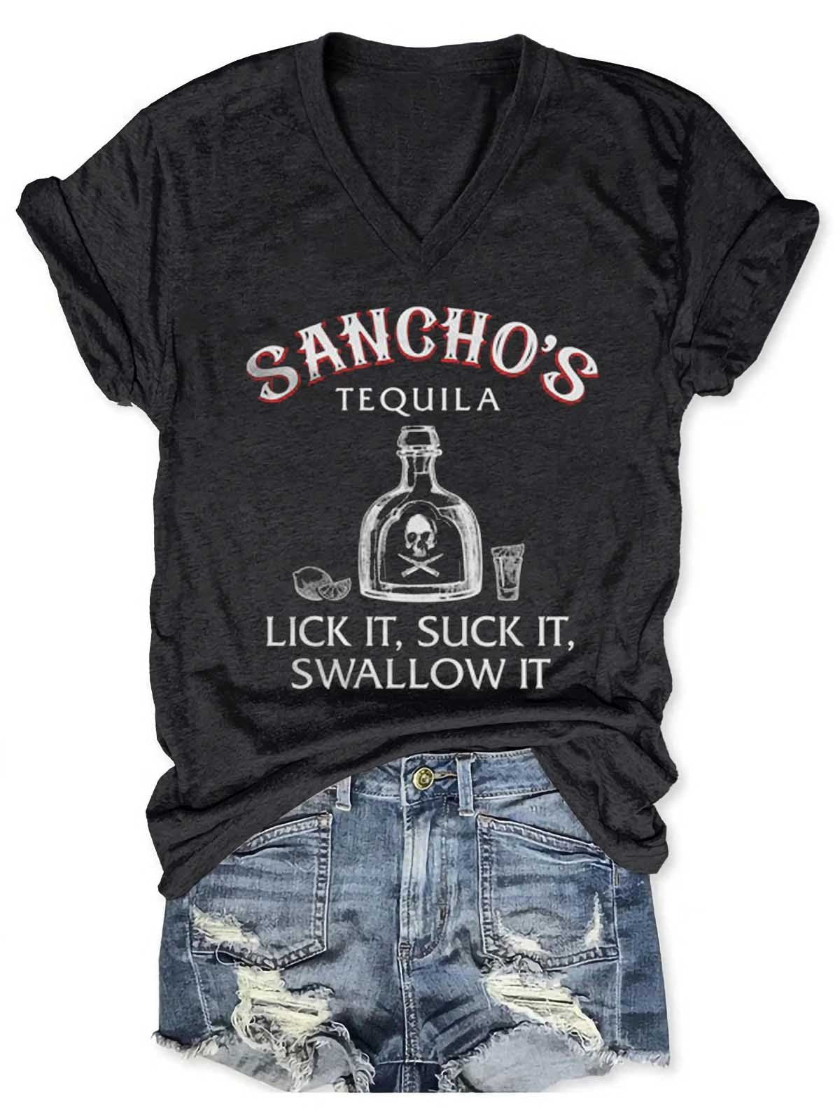 Women's Sancho's Tequila Lick It Suck It Swallow It V-Neck T-Shirt - Outlets Forever