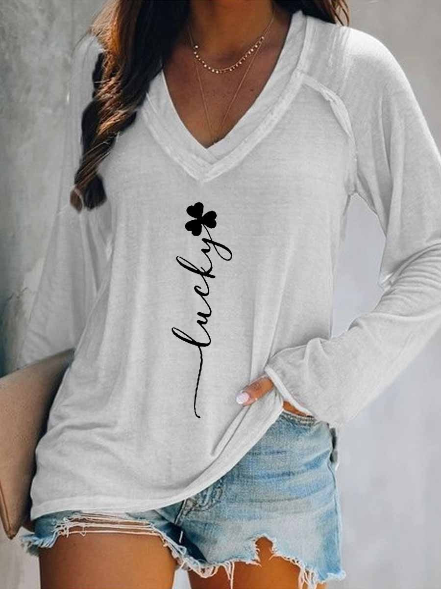 Women Lucky Clover St. Patrick's Day Long Sleeve V-Neck T-Shirt - Outlets Forever