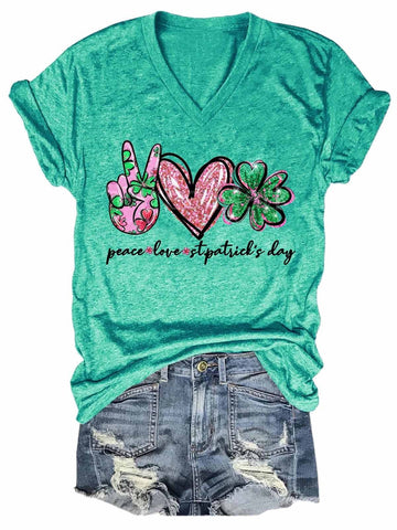 Women Peace Love St. Patrick's Day Bleached V-Neck T-Shirt - Outlets Forever