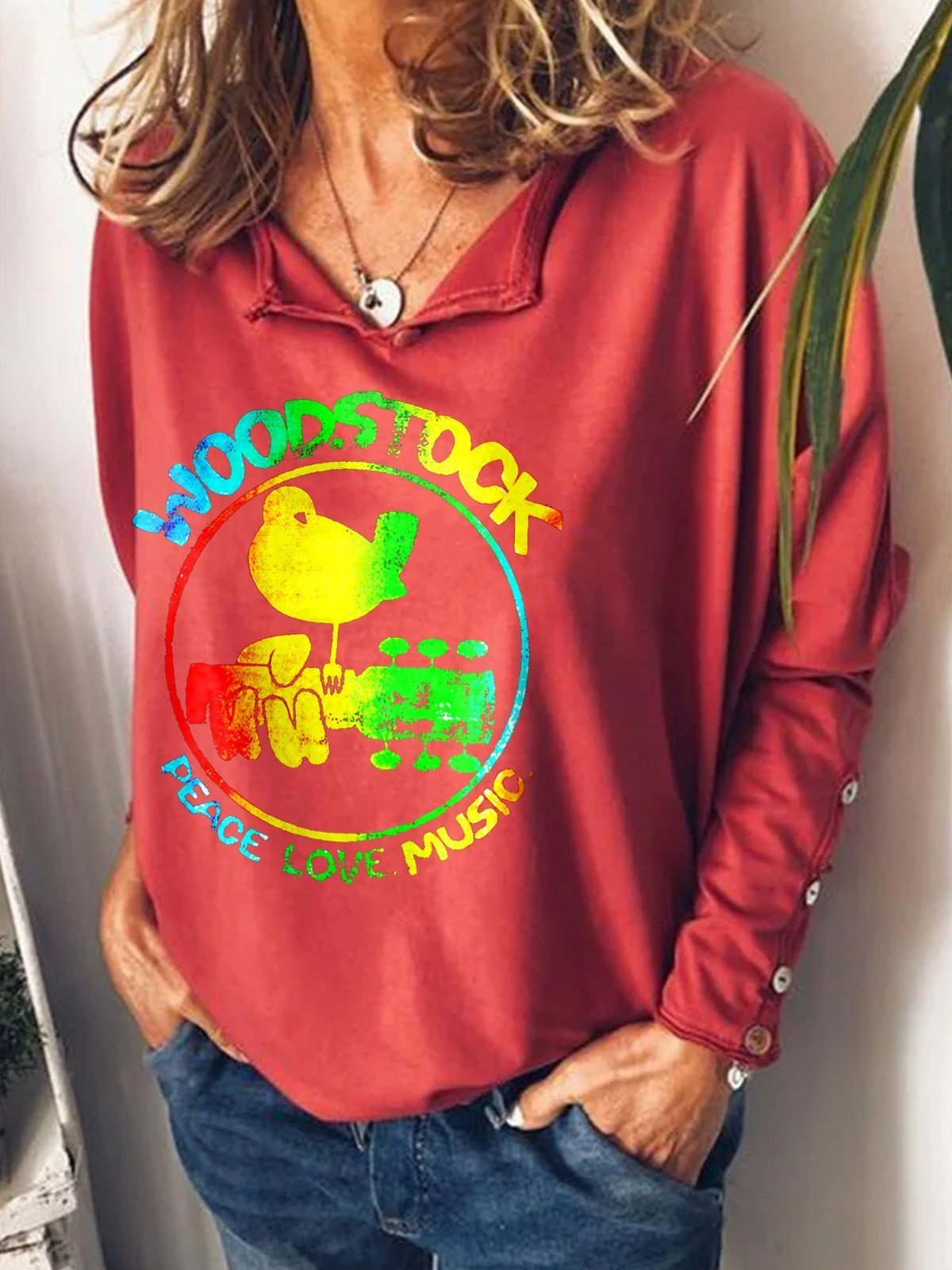 Women Woodstock Peace & Music Long Sleeve T-Shirt - Outlets Forever