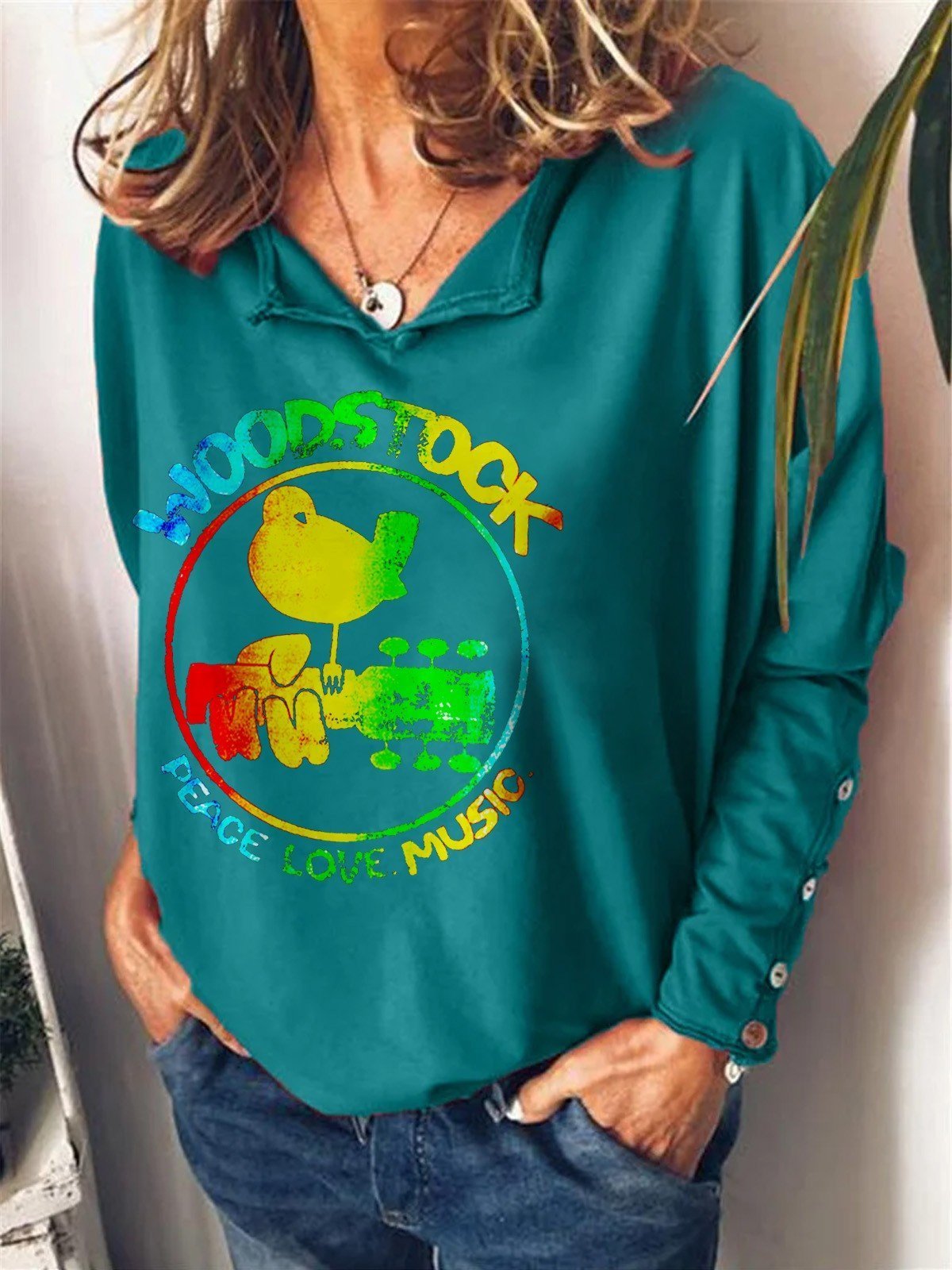 Women Woodstock Peace & Music Long Sleeve T-Shirt - Outlets Forever