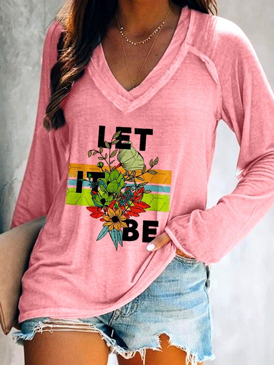 Women Let It Be Retro V-neck Long Sleeve T-shirt - Outlets Forever