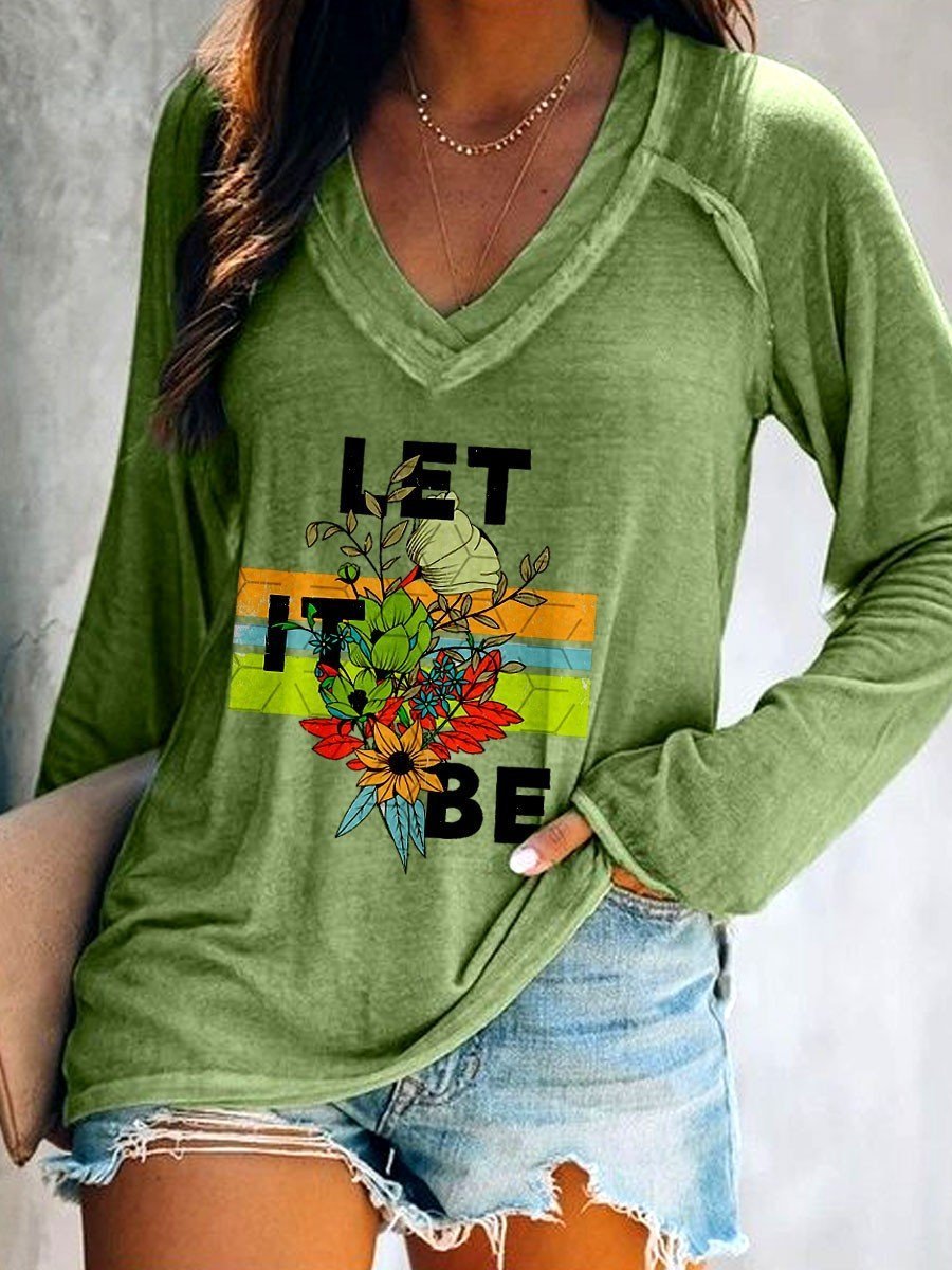 Women Let It Be Retro V-neck Long Sleeve T-shirt - Outlets Forever