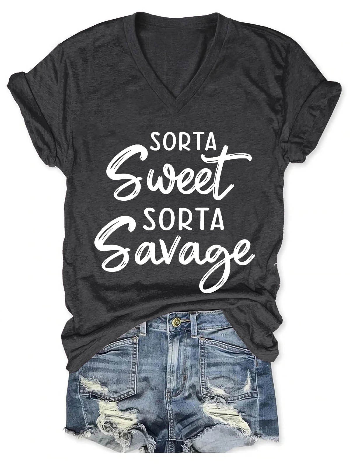 Women's Sorta Sweet Sorta Savage V-Neck T-Shirt - Outlets Forever