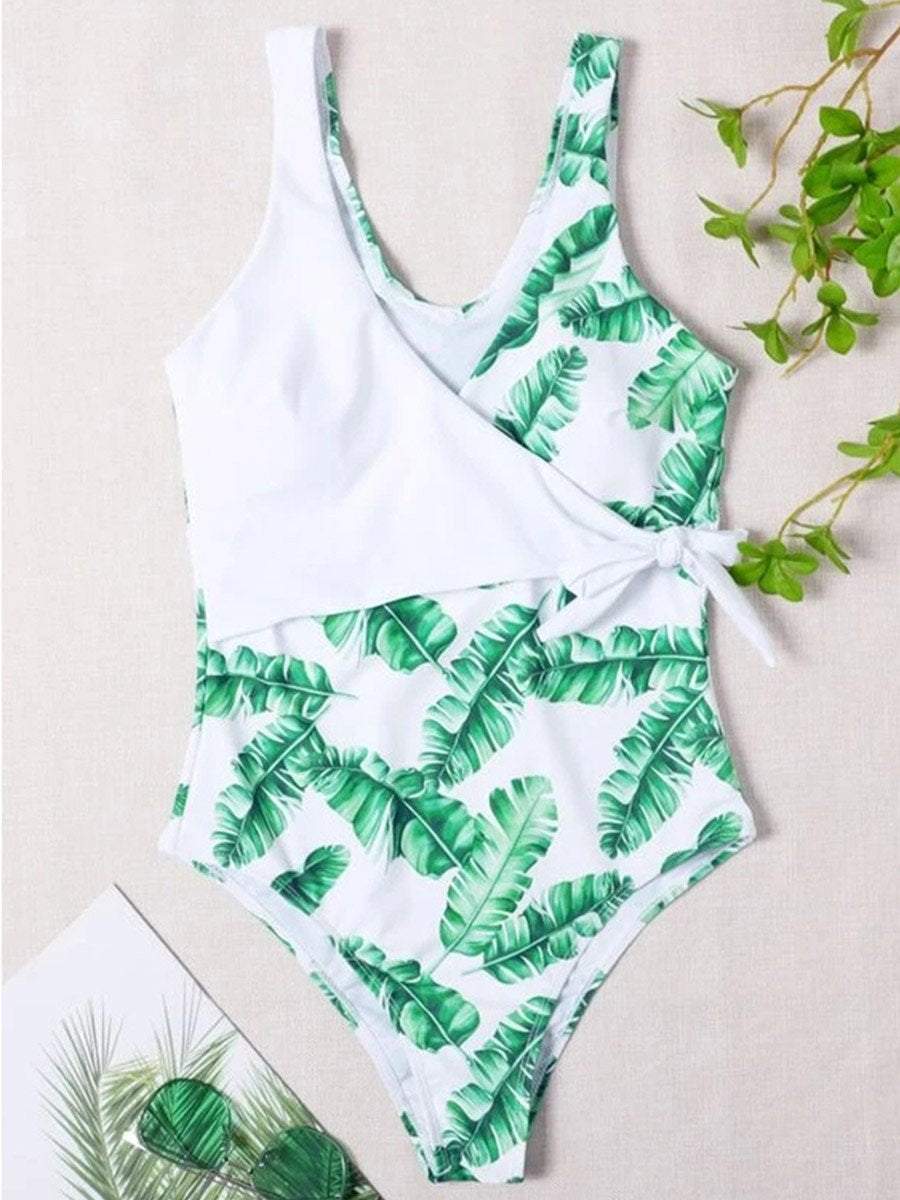 Women One Piece Tropical Plant Leaf Print Bathing Suit - Outlets Forever