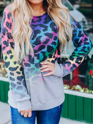 Colorful Leopard Gradient O-Neck Sweatshirt - Outlets Forever